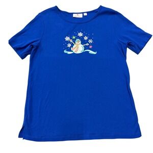Quacker Factory Royal Blue Snowman Snowflake Short Sleeve Shirt Women's Medium
